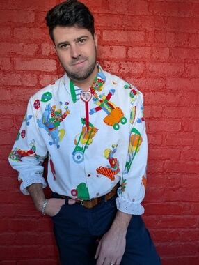 Handmade, Upcycled Vintage Clown Bedsheet Button Down T-Shirt Size L